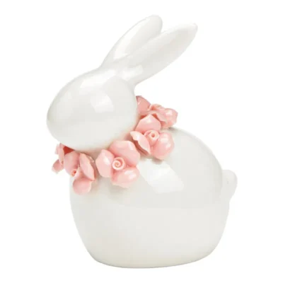 Keramikinis zuikis su gėlių apykakle, 1vnt, 8x9x5cm