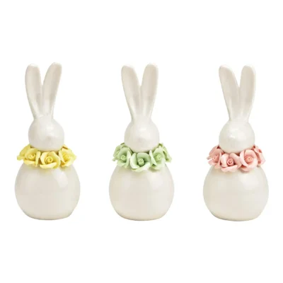 Keramikiniai zuikučiai su gėlių apykakle, 3vnt, 8x17x7cm