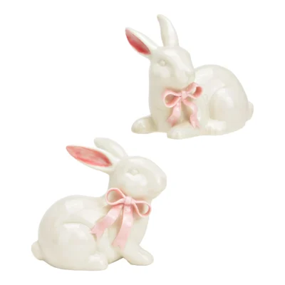 Keramikiniai zuikučiai su kaspinu, 2vnt, 8x7x5cm